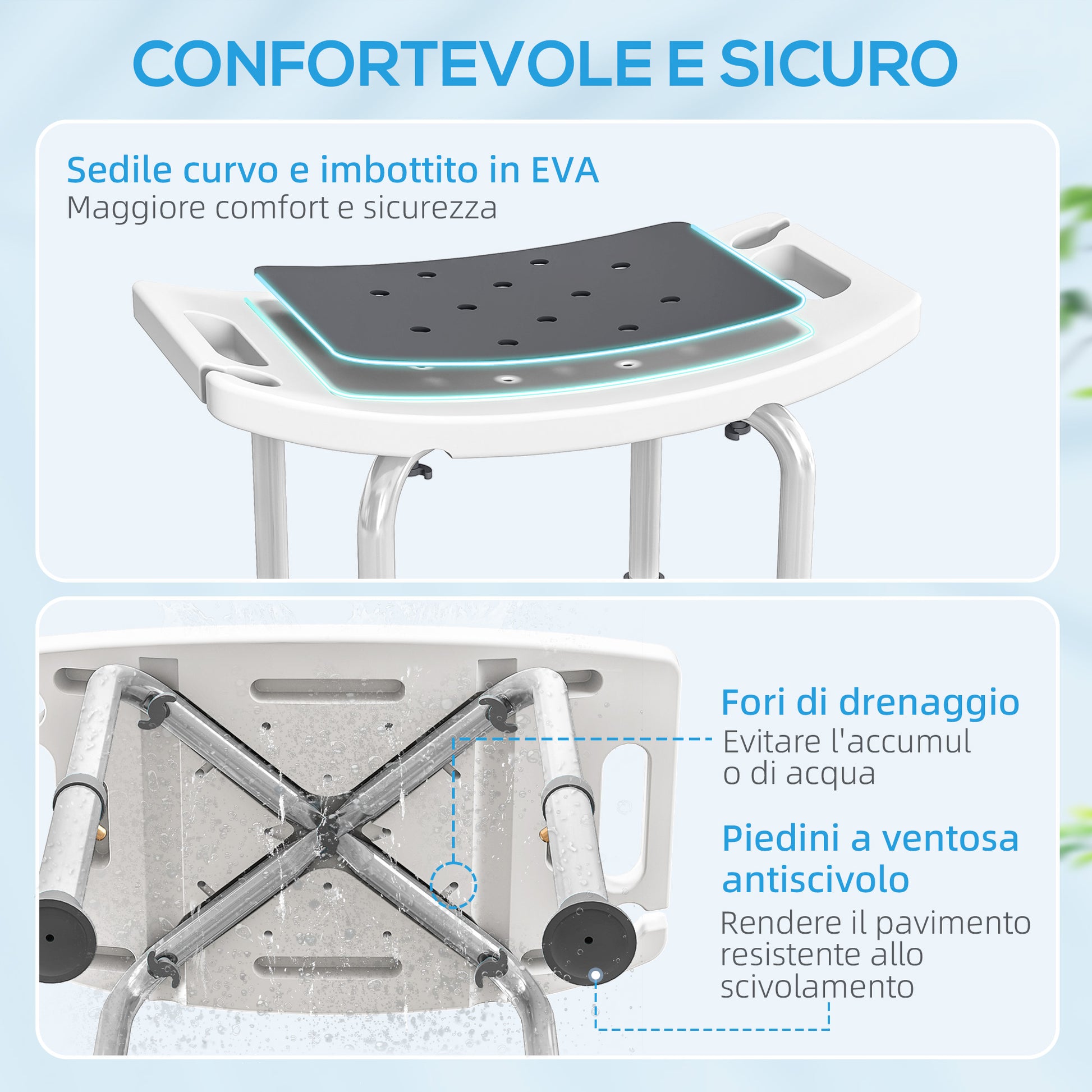 Sgabello da Doccia Altezza Regolabile 6 Livelli 39-52 cm in Lega di Alluminio e Plastica Antiscivolo Grigio