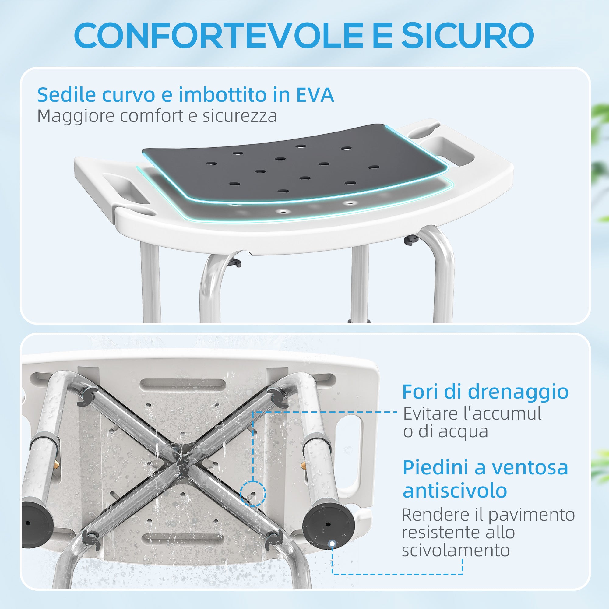 Sgabello da Doccia Altezza Regolabile 6 Livelli 39-52 cm in Lega di Alluminio e Plastica Antiscivolo Grigio