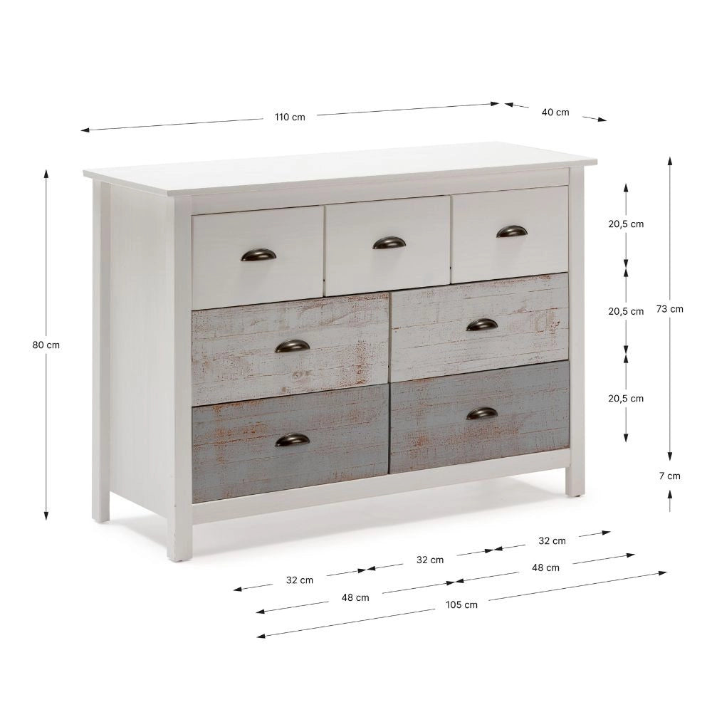 Comò in legno massiccio bianco e grigio Romantica 110x40x80H  – Eleganza Naturale con 7 cassetti