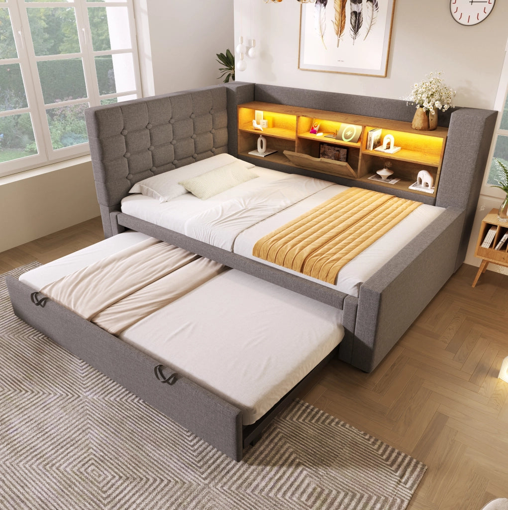 Letto estraibile 90x200 cm con secondo letto 90x190 cm; LED e porte USB; tessuto grigio