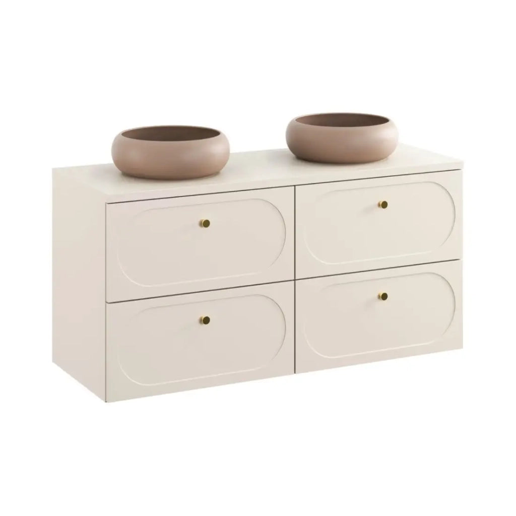 Set da bagno TORNADO: mobile sottolavabo 120cm + piano per lavabo beige + lavabo da appoggio marrone rotondo