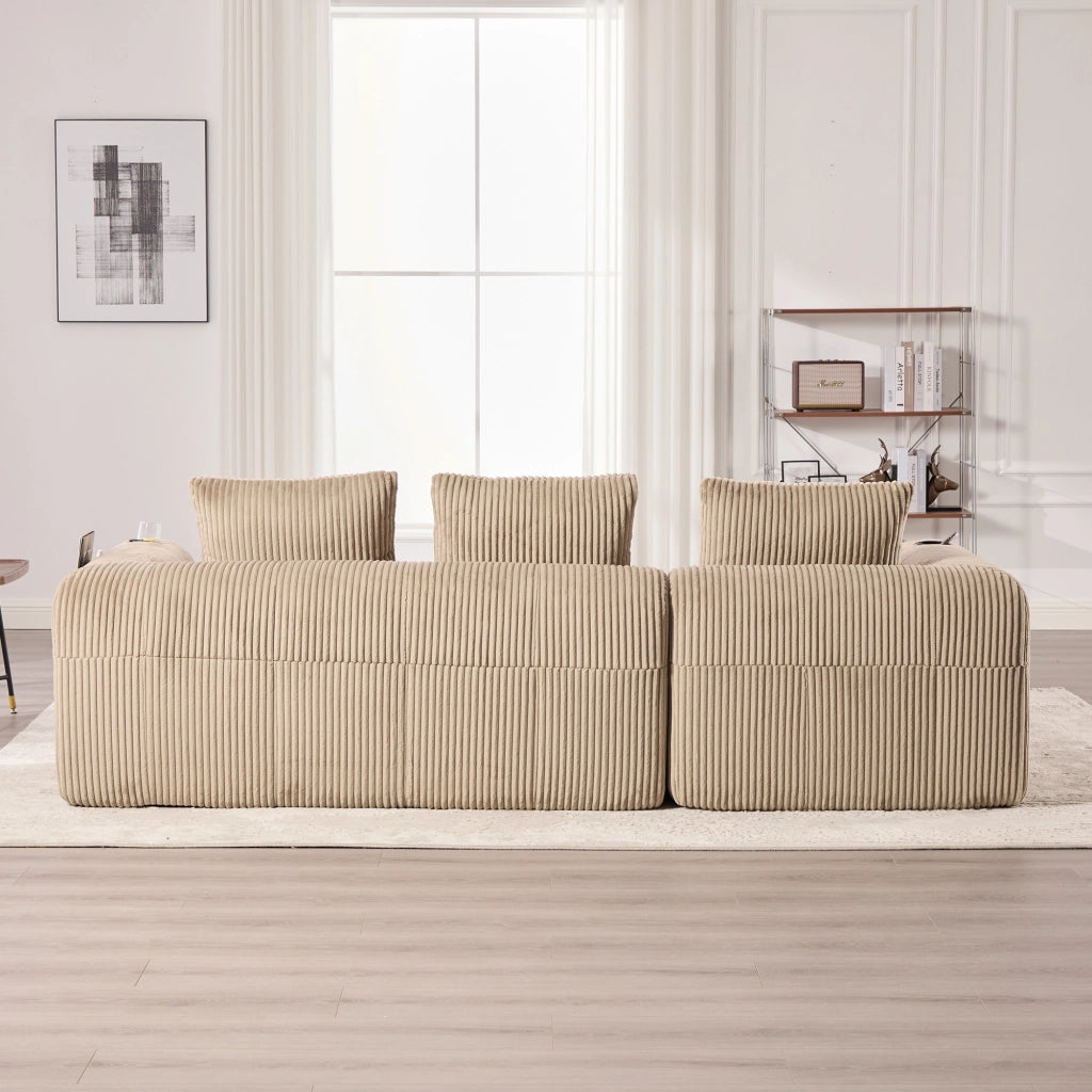 Divano modulare con tasche laterali e portabevande, 3 cuscini, in velluto a coste, Khaki