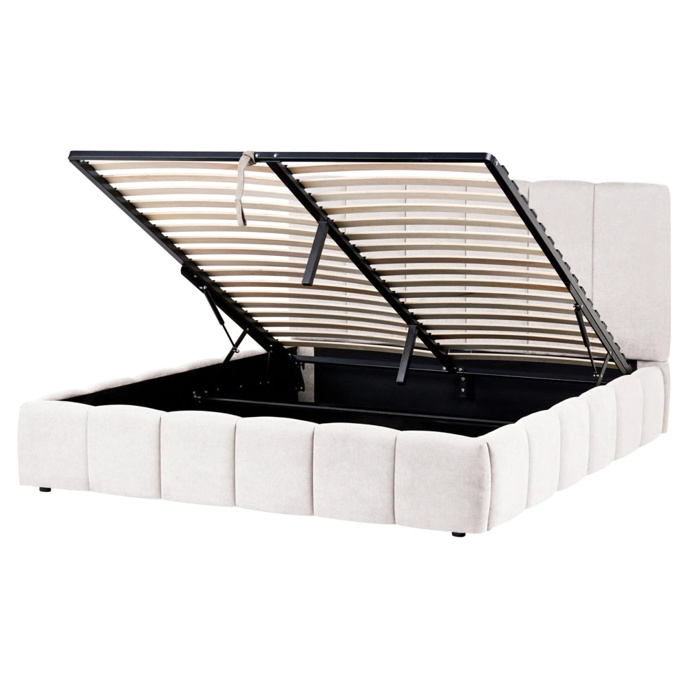 Letto matrimoniale contenitore con trapuntatura verticale in tessuto bianco sporco 160x200 cm struttura sollevabile e testiera alta