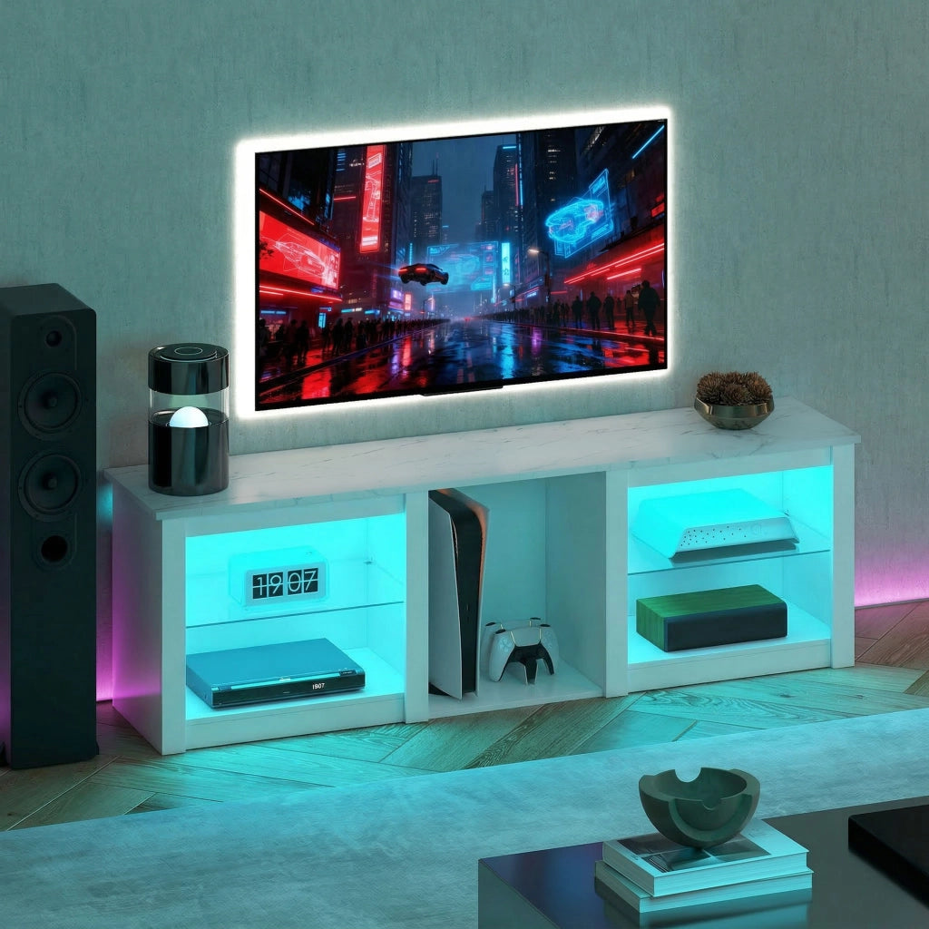 Mobile TV con illuminazione LED per TV fino a 70 pollici, 160cm con ripiani in vetro regolabili ¨C Minimal ¨C Bianco