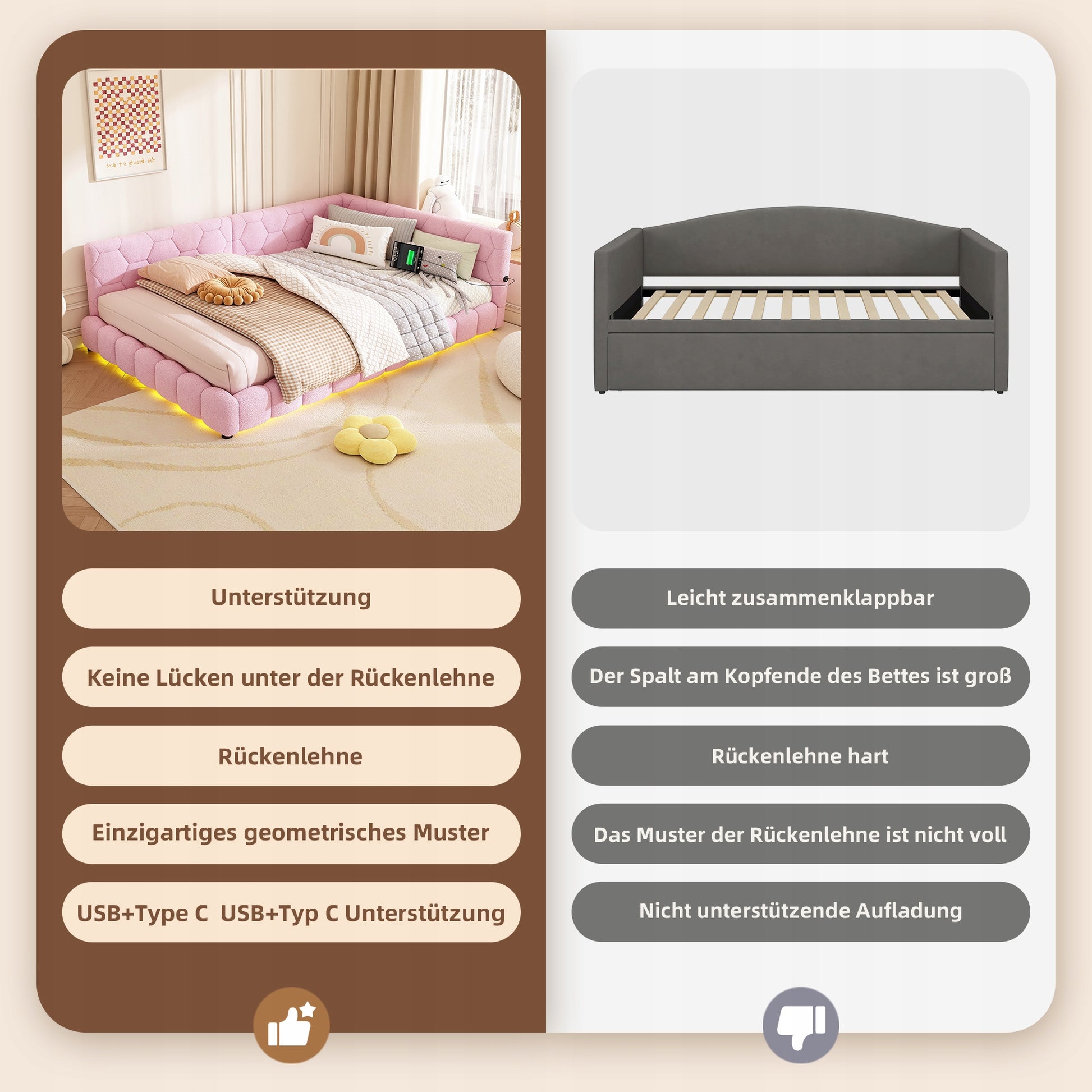 Letto singolo 140x200 - Xylo - Rosa con luce RGB e USB