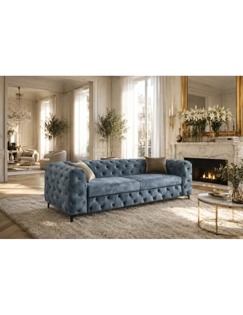 Divano dritto VELENA 3 posti in velluto trapuntato - Blu - 235 x 74 x 95 cm
