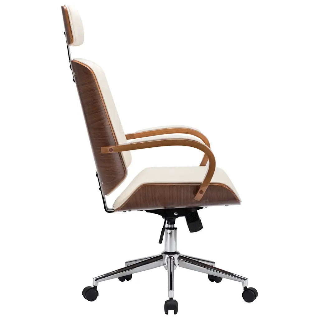 Sedia da Ufficio | Sedia Girevole con Poggiatesta Crema Similpelle e Legno Curvato