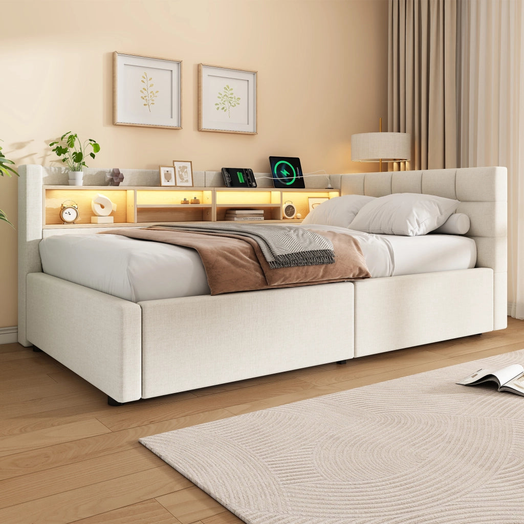 Letto contenitore 90x200 cm con LED dimmerabile; testiera con ripiano e prese USB; rivestimento in lino; beige