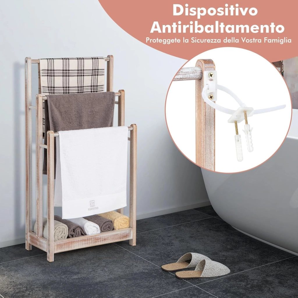 Portasciugamani in Legno da Terra, Porta Asciugamani a 3 Livelli con Mensola Inferiore, Dispositivo Anti-Ribaltamento, Supporto Leggero per Asciugamani da Bagno e Stanza Lavanderia (Bianco)