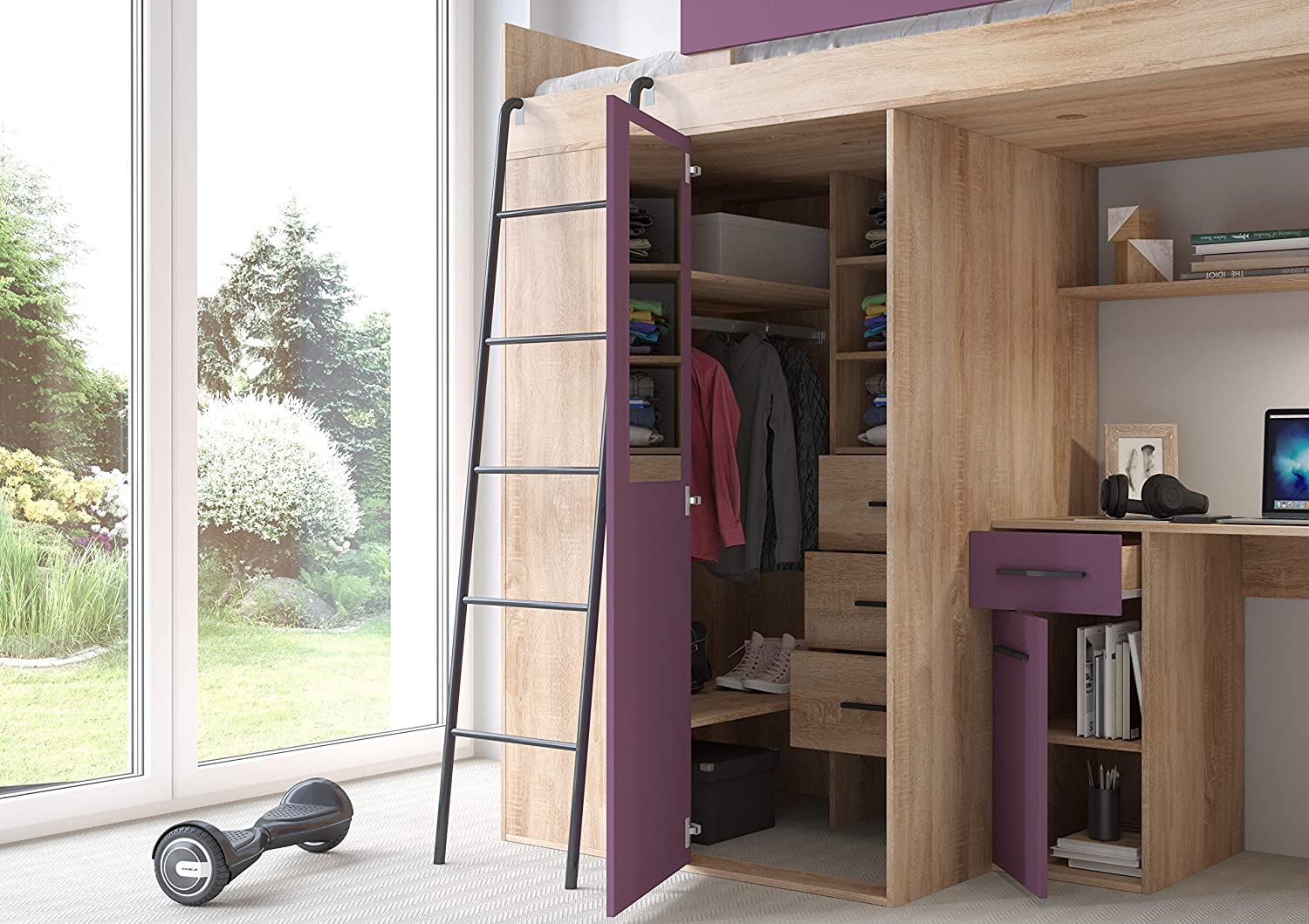 MOBILE LETTO SOPPALCO SCALETTA BAMBINI VERANA L cm H190x120x236 ROVERE VIOLA