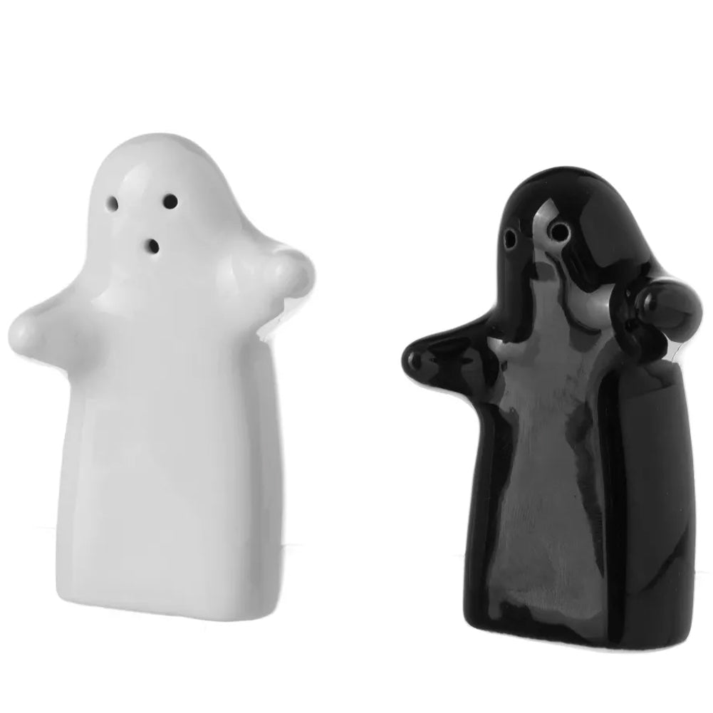 Set 2 Pezzi Sale e Pepr Abbracci Forma Fantasmi in Ceramica con Vassoio Legno