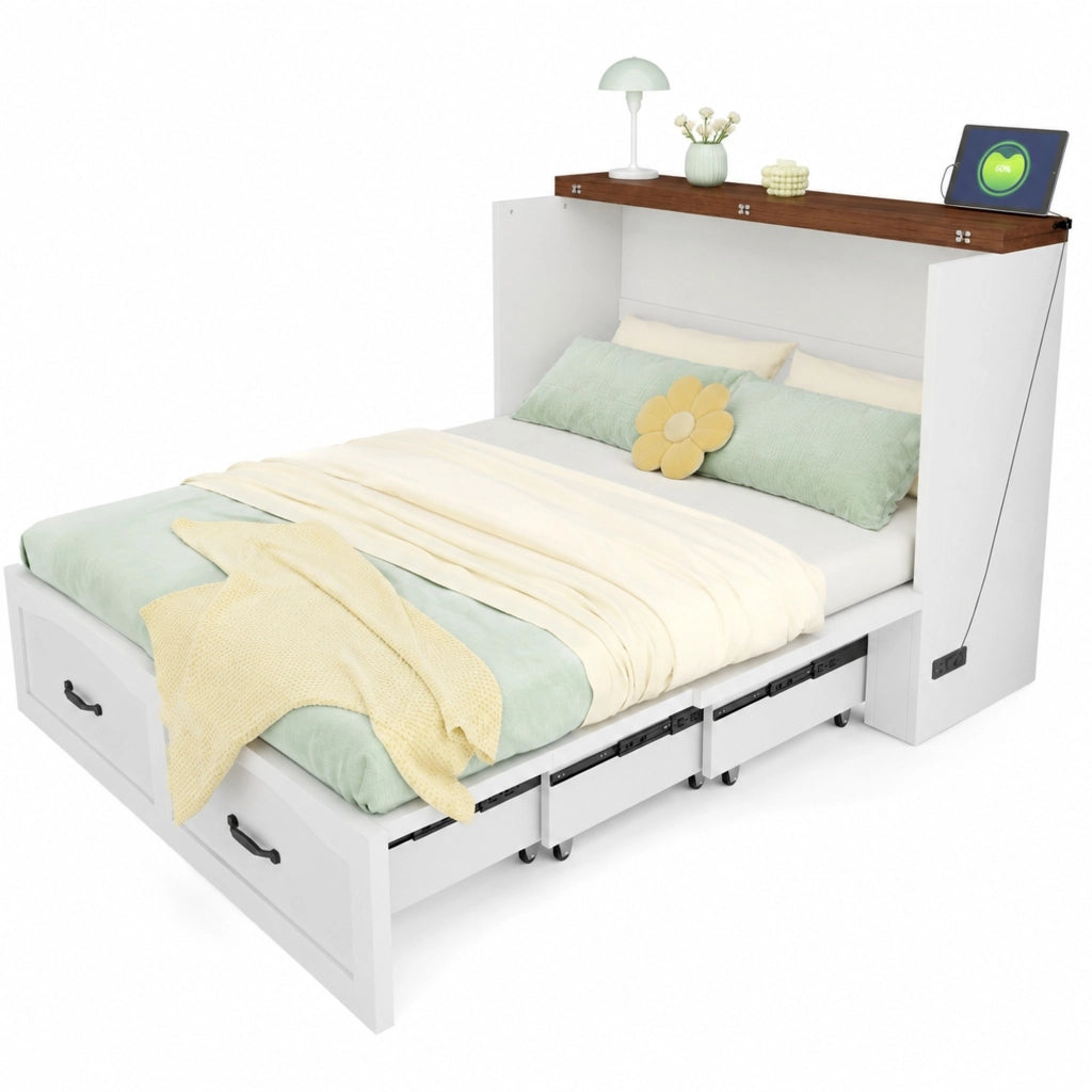 Letto a Scomparsa 140x200 cm; con Presa UE e Ruote Silenziose - in Legno e Metallo - Bianco