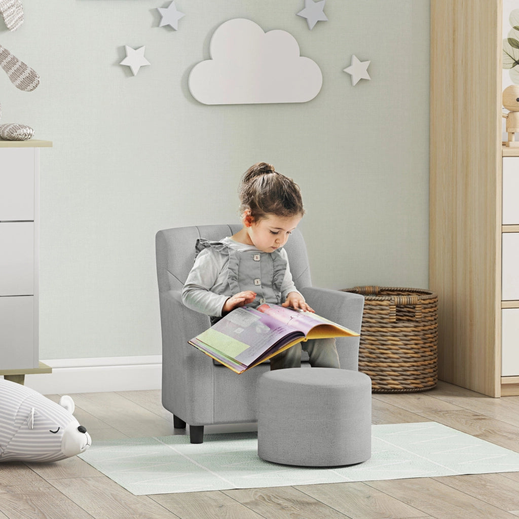 Poltrona per Bambini con Pouf ¨C Zephmum ¨C Grigio, Tessuto, Legno