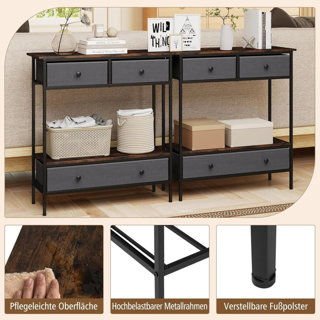 Tavolo consolle con 3 cassetti pieghevoli e vano portaoggetti aperto, tavolo d'ingresso con telaio in metallo, tavolo da esposizione rustico per soggiorno, corridoio e ingresso, 80 x 30 x 85,5