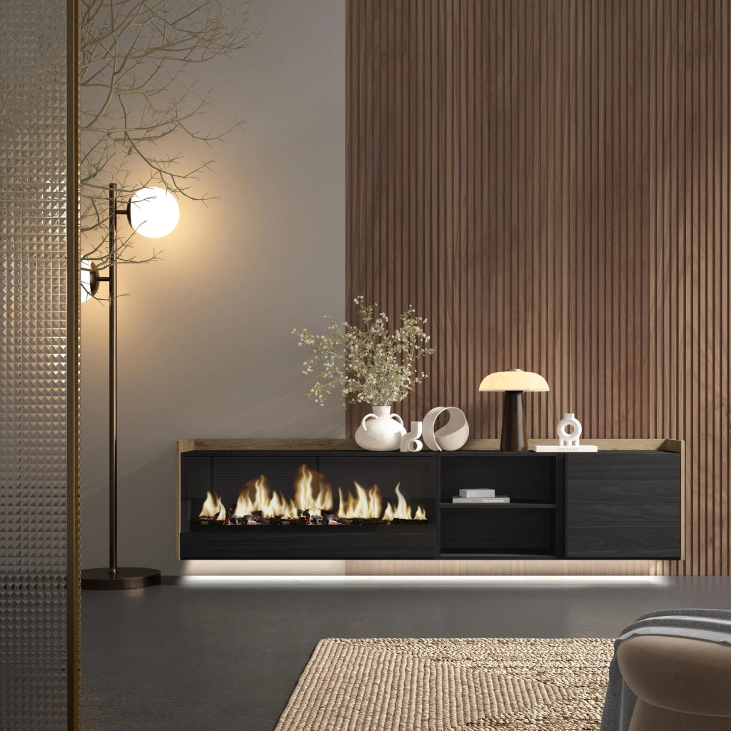 Mobile TV Soggiorno, 212x50x35 cm, Per TV fino a 80", Camino elettrico XXL, Sospeso, da appendere, LED, Nero e rovere