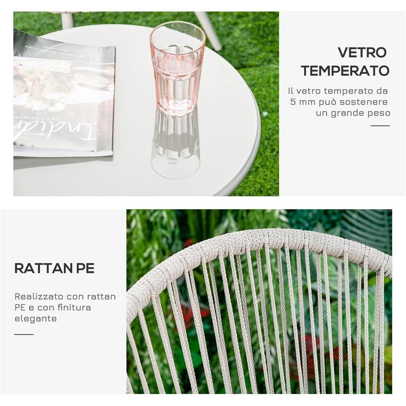 SET POLTRONCINE DA GIARDINO INTRECCIATE IN PE RATTAN CON TAVOLINO BIANCO CREMA