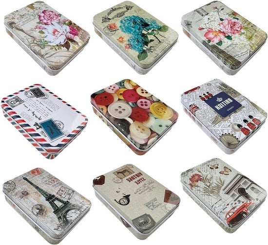 Set di 9 contenitori in metallo con coperchio per caramelle e piccoli oggetti - 9 pezzi - 65 x 25 cm
