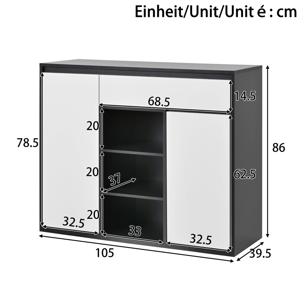 Scarpiera a 2 ante con cassetto e LED; bianco e nero; 105x39;5x86 cm
