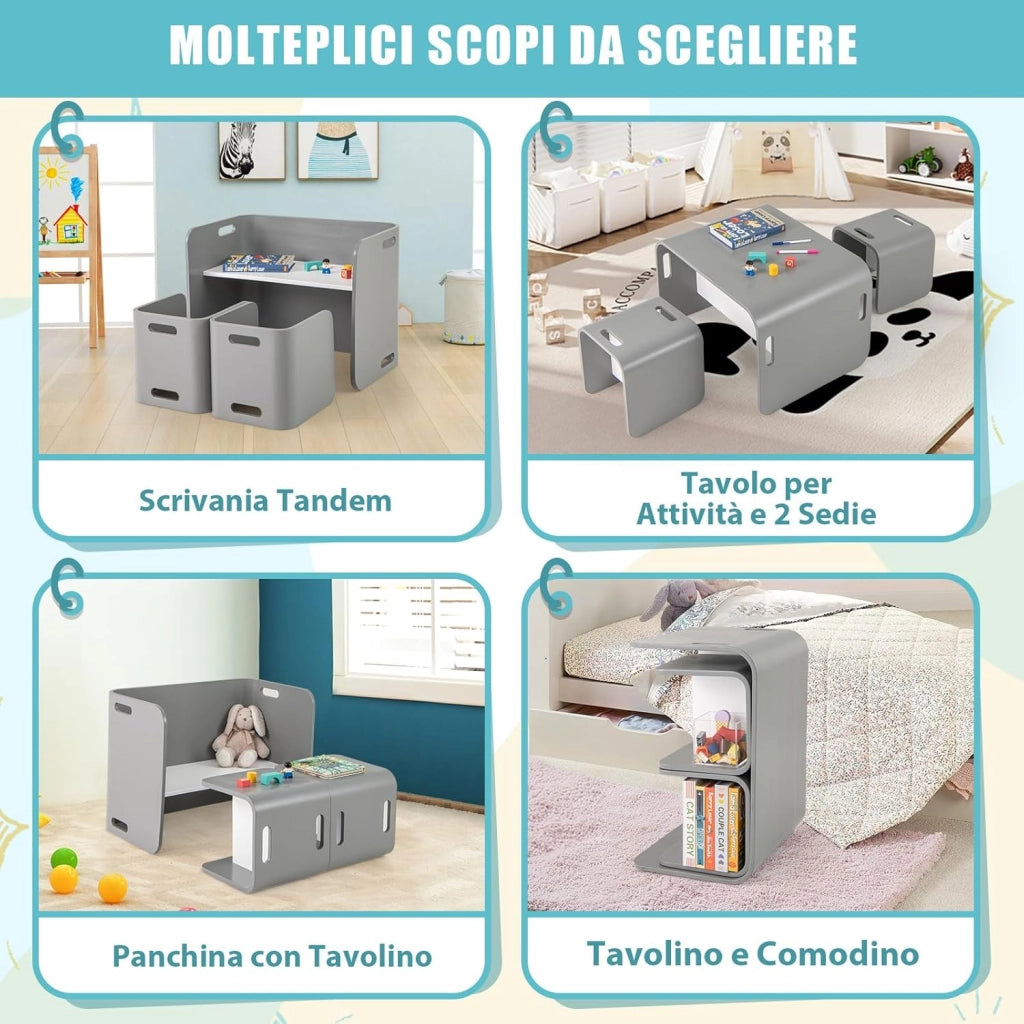 Set Tavolo e 2 Sedie per Bambini 2-9 Anni, Set Multiuso in Legno di Faggio con Maniglie Ergonomiche, Design Salvaspazio, Senza Montaggio, Portata 100 kg (Grigio)