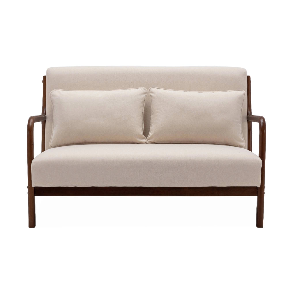 Panca stile scandinavo in legno di hevea e tessuto, 2 posti, beige