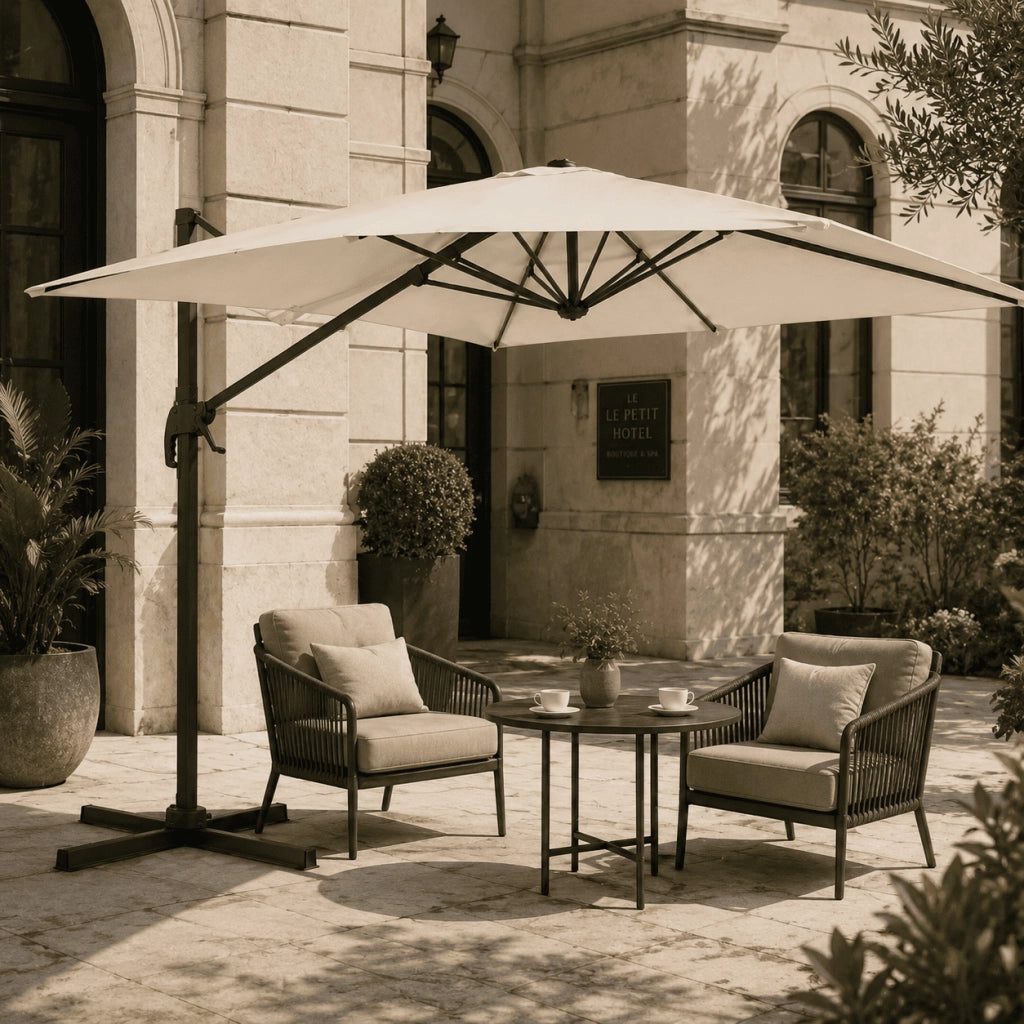 Ombrellone Decentrato Girevole 360° Rettangolare Con Struttura In Alluminio E Rotante Braccio In Acciaio Base a Croce E Custodia Inclusa Per Giardino Terrazza Patio E Piscina 4X3 M Ecrù