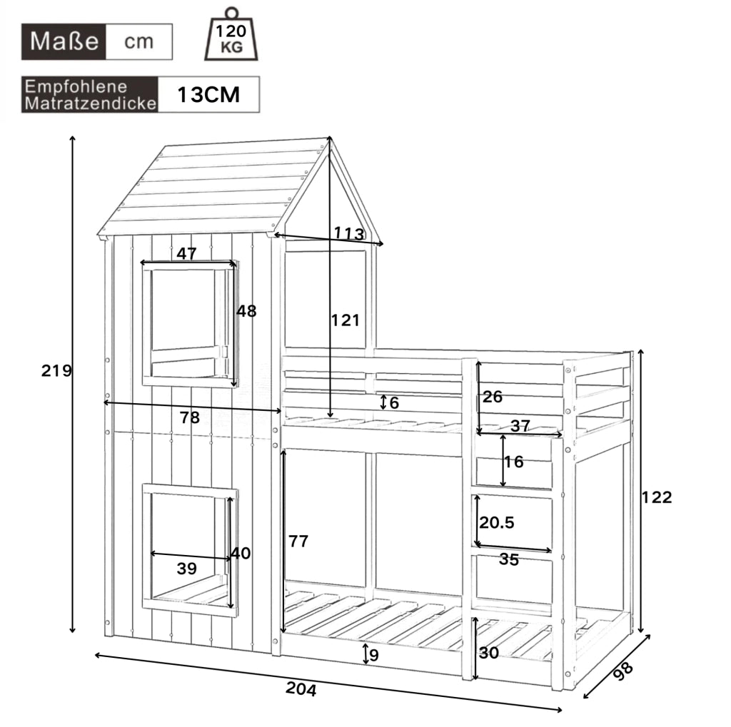 Letto a castello per bambini 90x200 cm in legno di pino bianco con sponde di sicurezza
