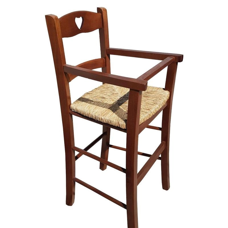 SEGGIOLONE IN LEGNO NOCE CON SEDUTA IN PAGLIA E CUORE INTAGLIATO SULLA SPALLIERA REALIZZATO IN FAGGIO 36×39×86 CM