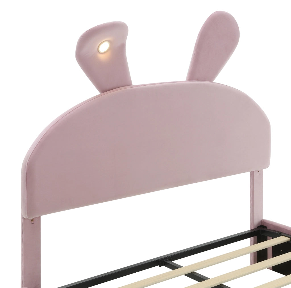 Letto imbottito 140x200 cm con contenitore e LED in velluto rosa