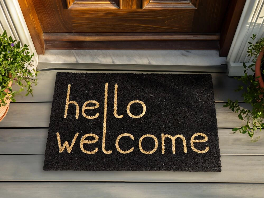 Zerbino nero in cocco naturale con fondo in PVC antiscivolo 40 x 60 cm Welcome Text Motif Decorazione moderna per interni