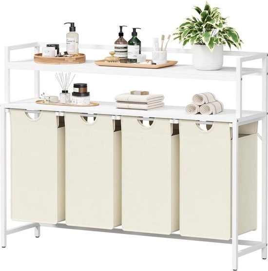 4-laag wasmand 168L con cassetta estensibile con coperchio grande, 2 pannelli e 4 contenitori rimovibili e maniglie per bagno, camera da letto, bagno, dormitorio, bianco