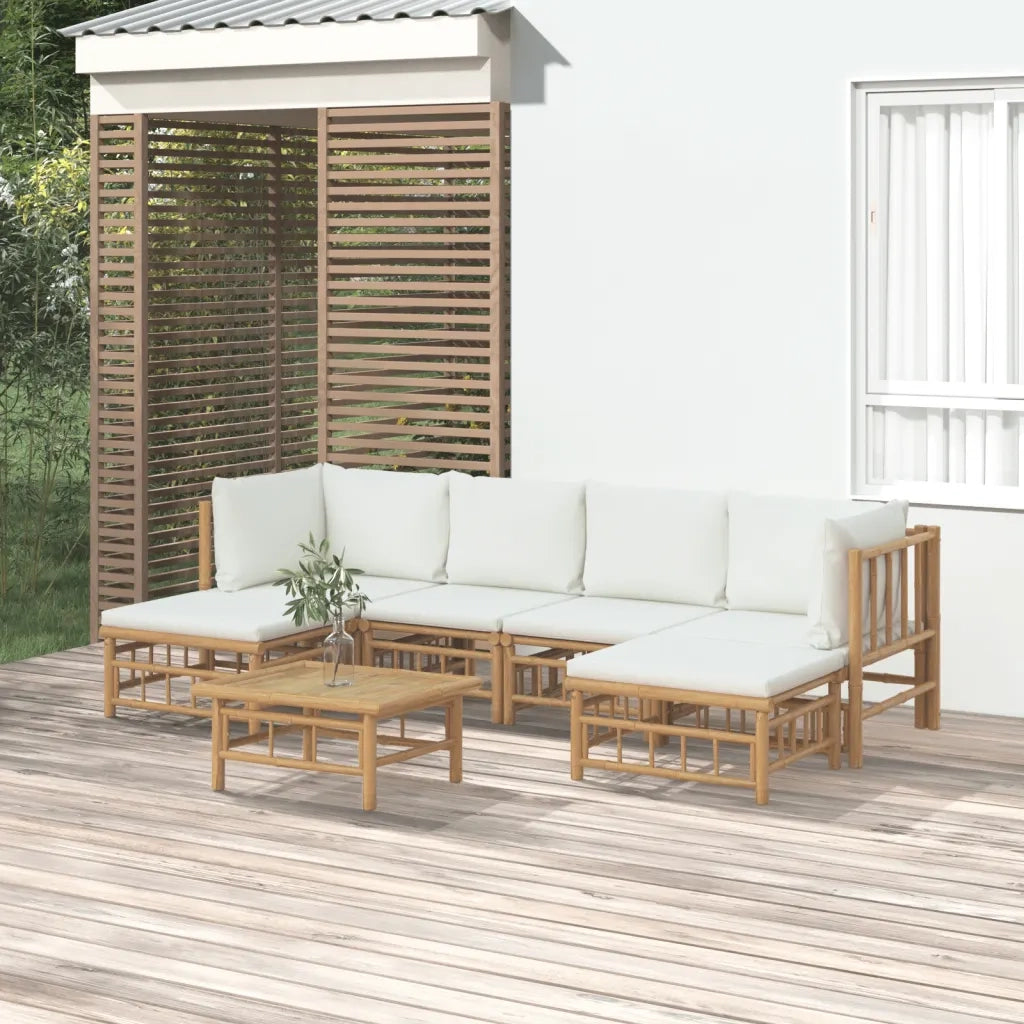 Set Salotto da Giardino 7pz con Cuscini Bianco Crema in Bambù 3155197