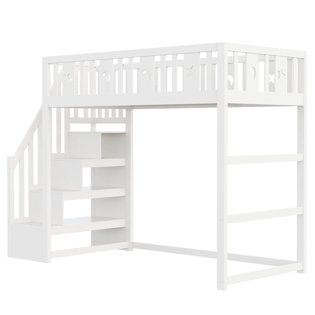 Letto a soppalco 90x200 cm con scala e ripiani; area divano; bianco