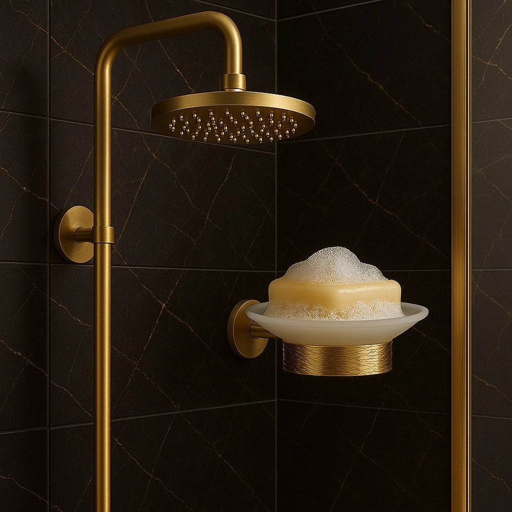 Trade Shop - Porta Sapone In Acciaio Oro Con Piattino Vetro Satinato Accessorio Da Bagno 87927 -