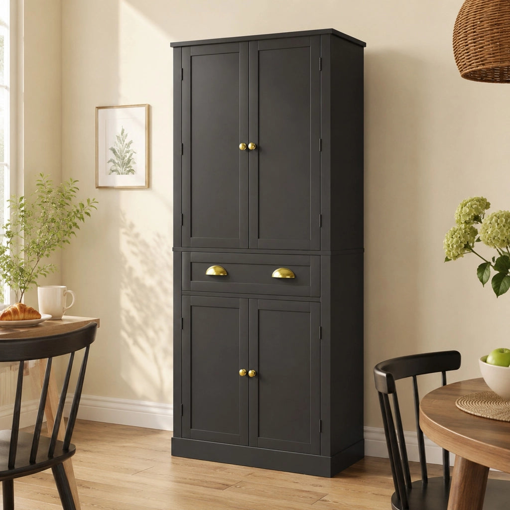 Credenza dispensa alta 80x40x182 cm con 4 ante e cassetto nera