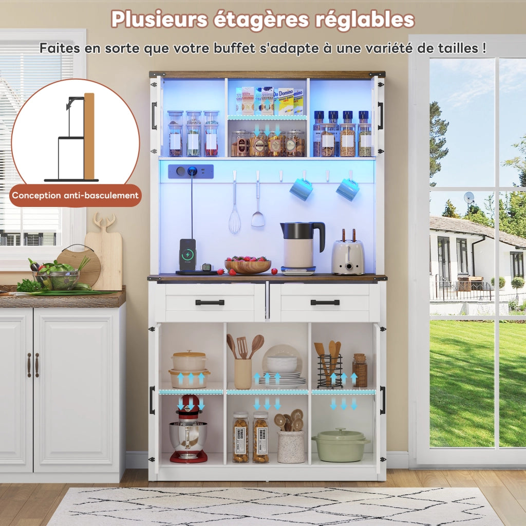 Mobile bar con LED e prese, credenza con 2 cassetti, ante stile fienile, bianco e marrone