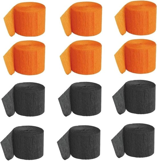 Decorazioni per Feste Halloween e Halloween Party - 12 rotoli di Crêpepapier Zwart e Arancione per Decorazioni di Halloween e Festa della Morte.