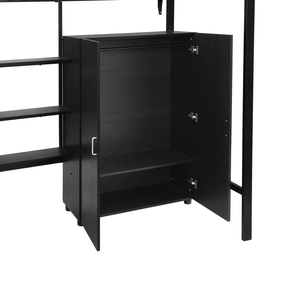 Letto a castello 90x200 cm con tavolo e armadio in metallo e pannello truciolare nero