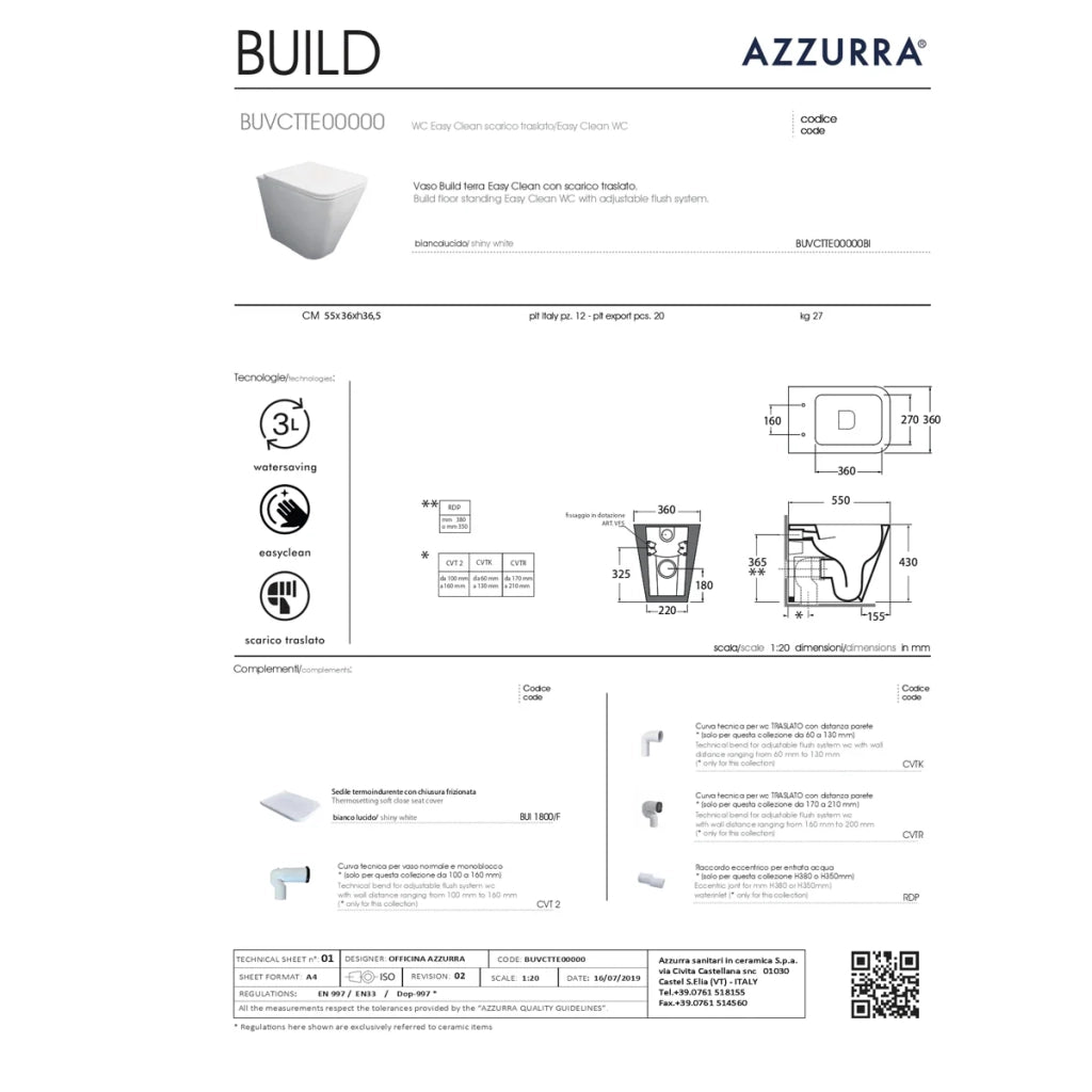 Coppia Di Sanitari Azzurra Ceramica Da Terra Filo Muro Senza Brida Bianco Lucido "Build"