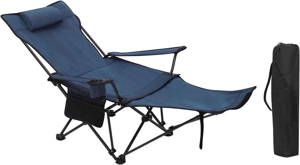 Sedia da Campeggio Portatile Reclinabile, Sedia Pieghevole Esterno con Poggiapiedi, Poggiatesta e Borsa da Trasporto, per Pesca, Giardino, Blu