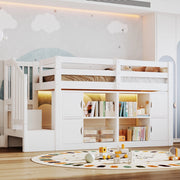 Letto a soppalco 90x200 cm con scala contenitore e LED in legno bianco