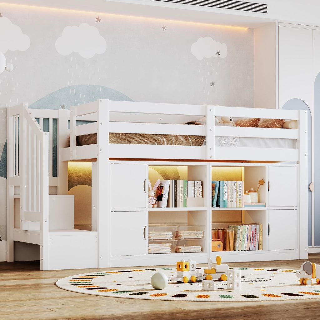 Letto a soppalco 90x200 cm con scala contenitore e LED in legno bianco