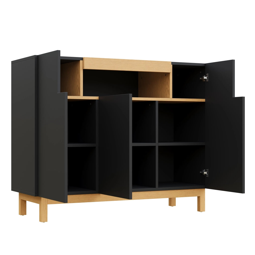 Credenza con 3 Ante e Vano a Giorno; Stile Moderno Minimalista; in Pannello Truciolare; Nero; 120;5??42??96 cm