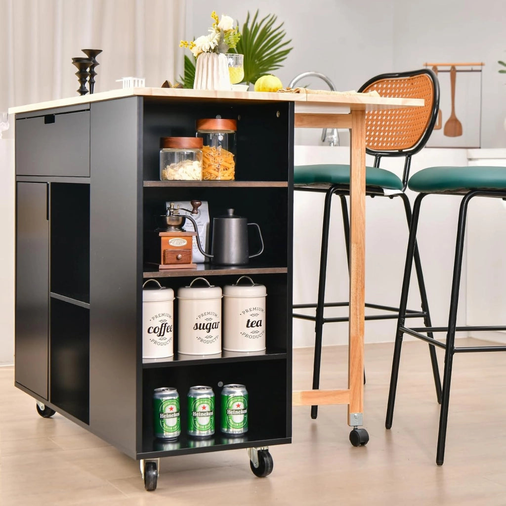 Carrello da Cucina a Isola in Legno, Carrello di Servizio con Piano di Lavoro Estraibile, Mobile da Cucina con Cassetto, Ripiano Regolabile, Carrello da Cucina a Isola (Nero)