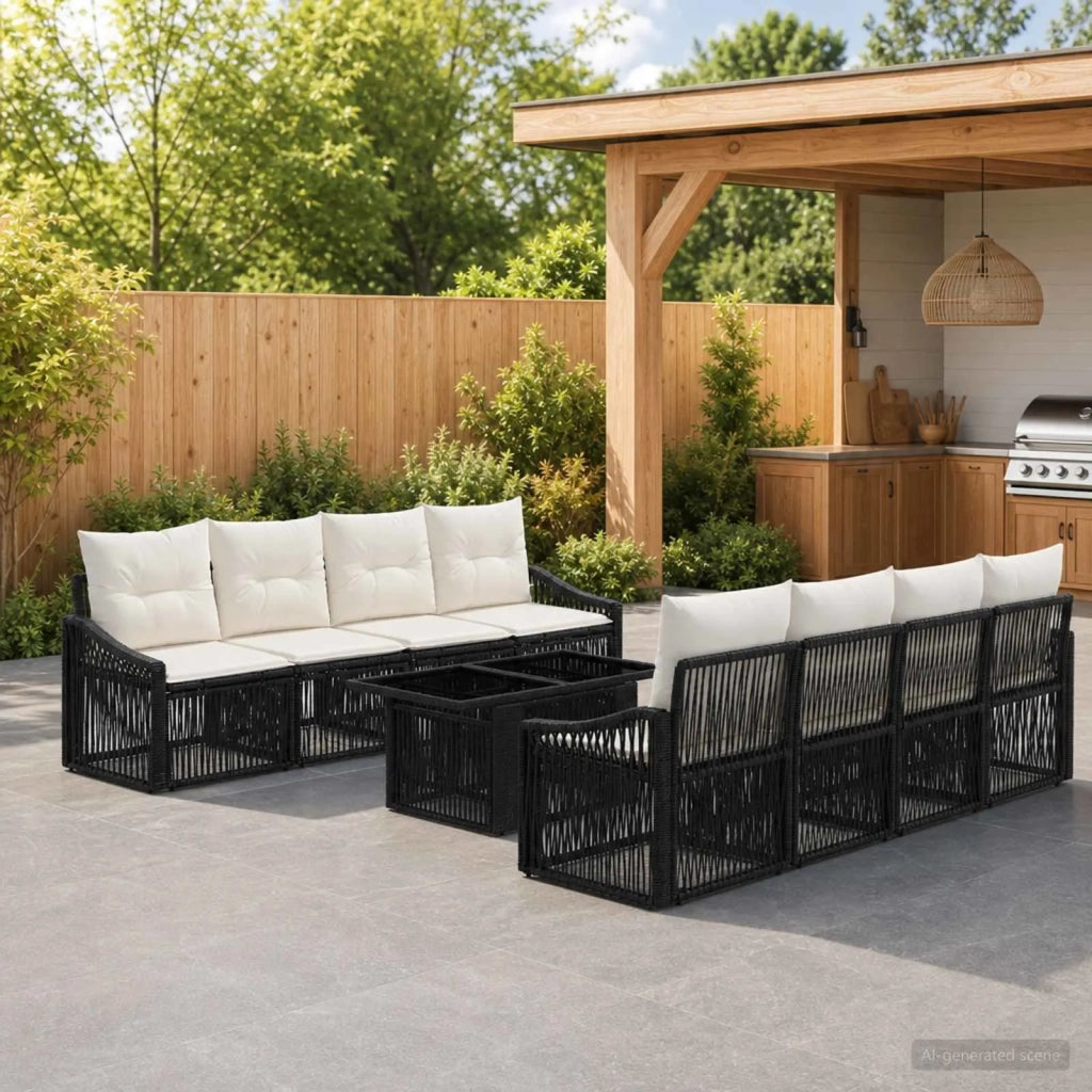 Set Divano da Giardino 9 pz Nero e Bianco Crema polyrattan 3437218