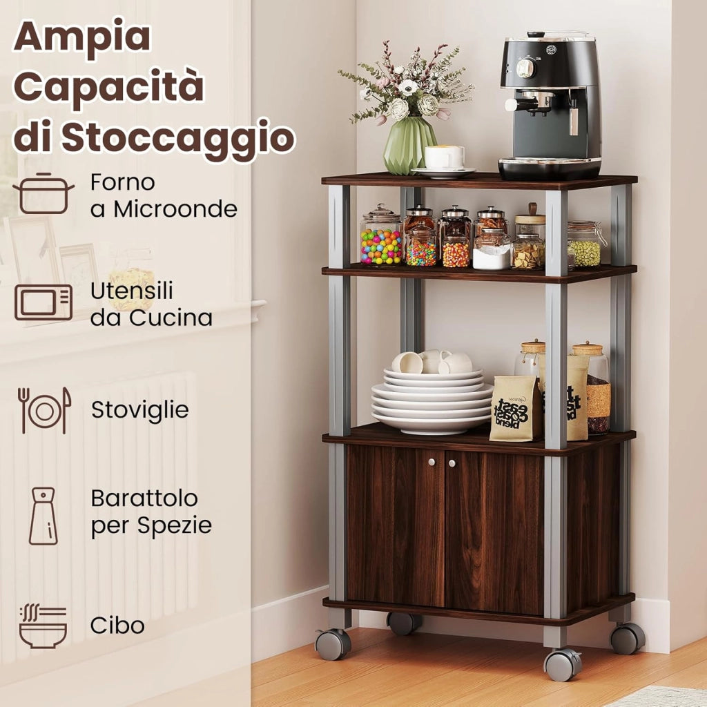 Scaffale da Cucina per Microonde Carrello da Cucina, con Ruote e 2 Ante, Multifunzionale e Movimento Flessibile, 60x40x98 cm (Caffè)