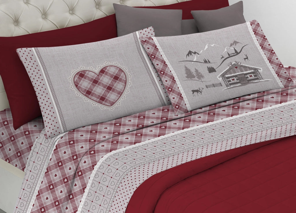 Completo Lenzuola Flanella Pensieri Delicati 100% Cotone Disegno Chalet - Singolo - Rosso