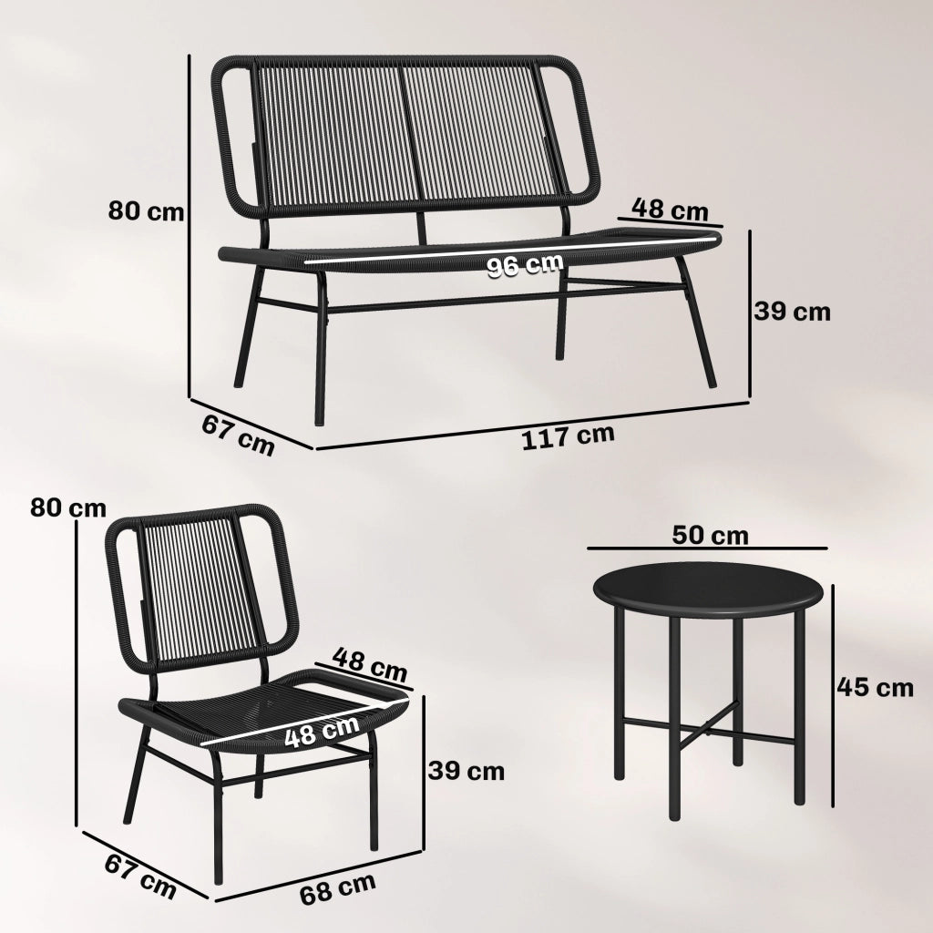 Set Mobili Giardino Rattan 4 Pezzi, Divano Esterno con Tavolino Metallo, Nero