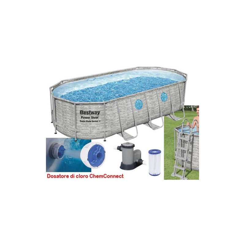 Piscina fuori terra ovale effetto rattan con oblò laterali, 549x274x122 cm con pompa filtro scaletta e copertura - Bestway