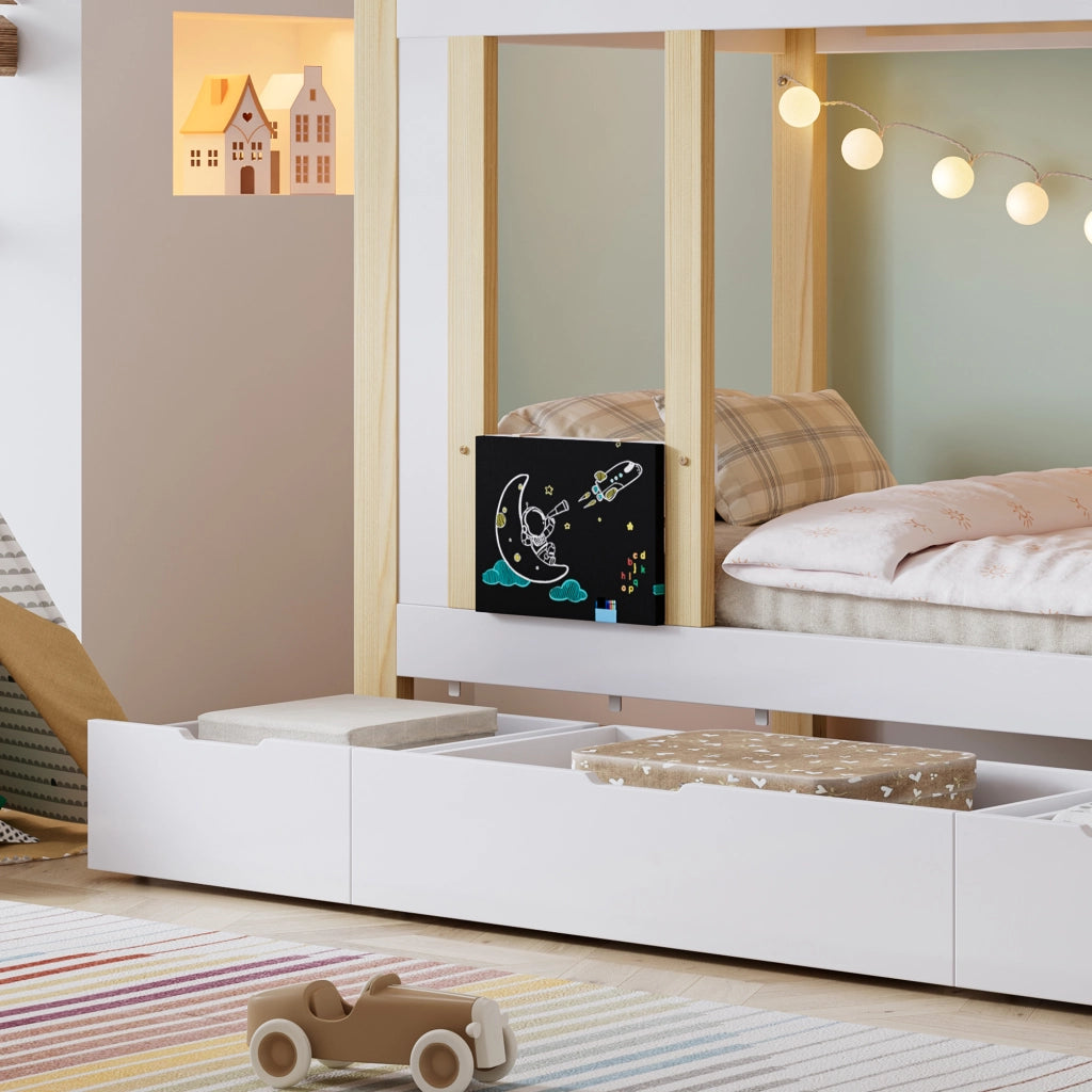 OKWISH Letto a Castello 90×200 cm, Letto Singolo con Scala Contenitore, 3 Cassetti e Lavagna, senza Materasso, Bianco Naturale