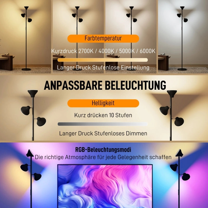 Lampada da terra dimmerabile con luce di lettura, lampada da terra a colori RGB con telecomando, controllo touch, 3 teste rotanti, nera